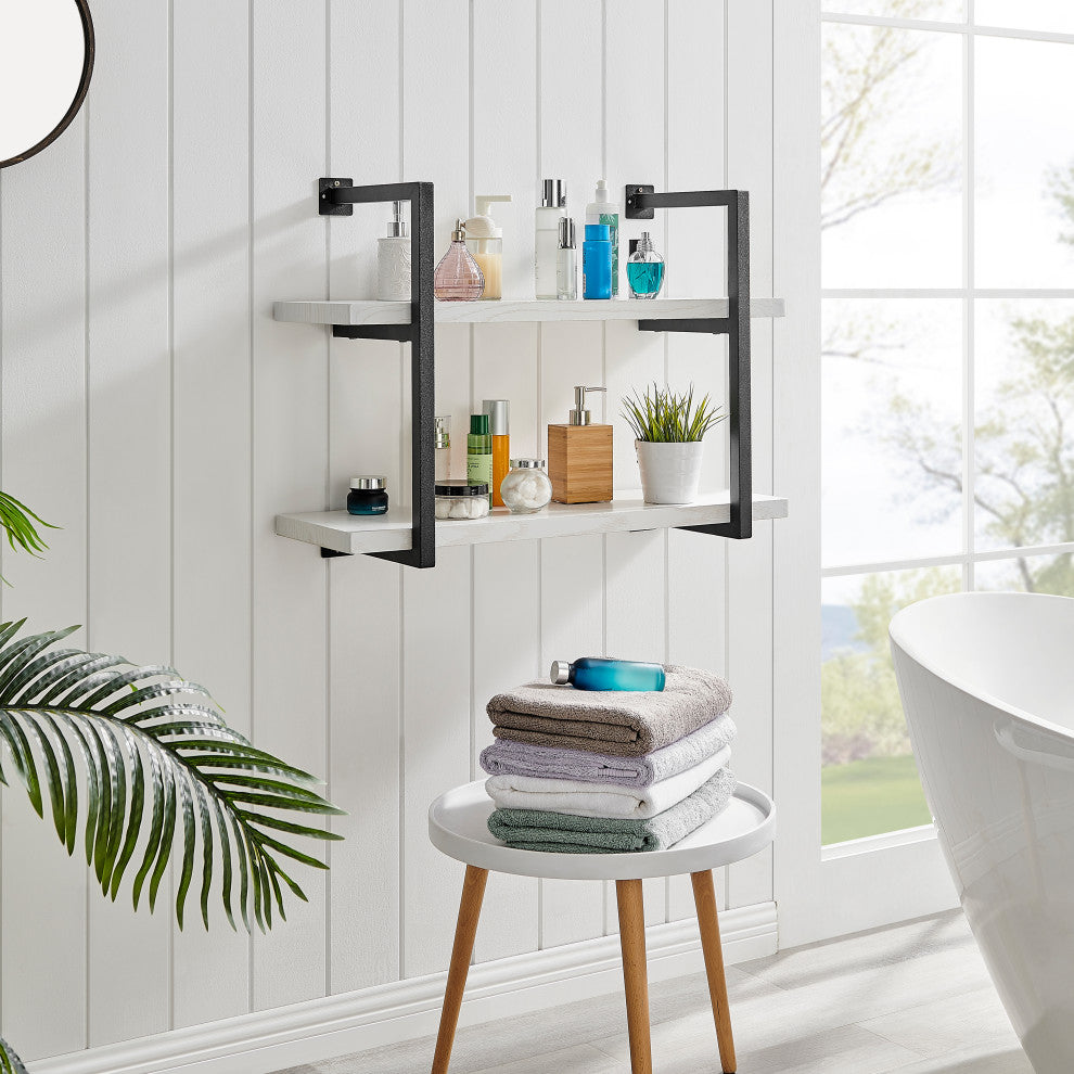 Danya B. Modern 2-Tier Hanging Wall Shelves, Metal and White Birch Finish