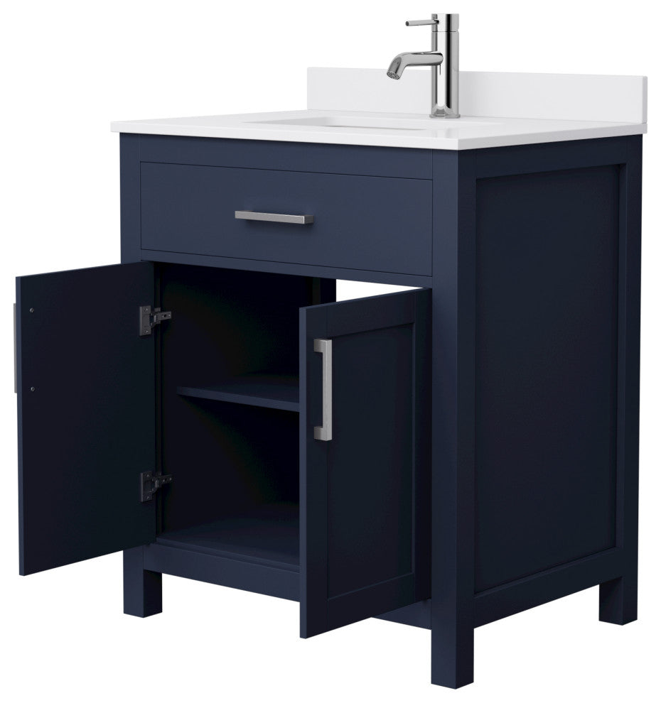 30"SGL Vanity Dark Blue, White Cult. Marble Countertop, Sink, Nickel Trim