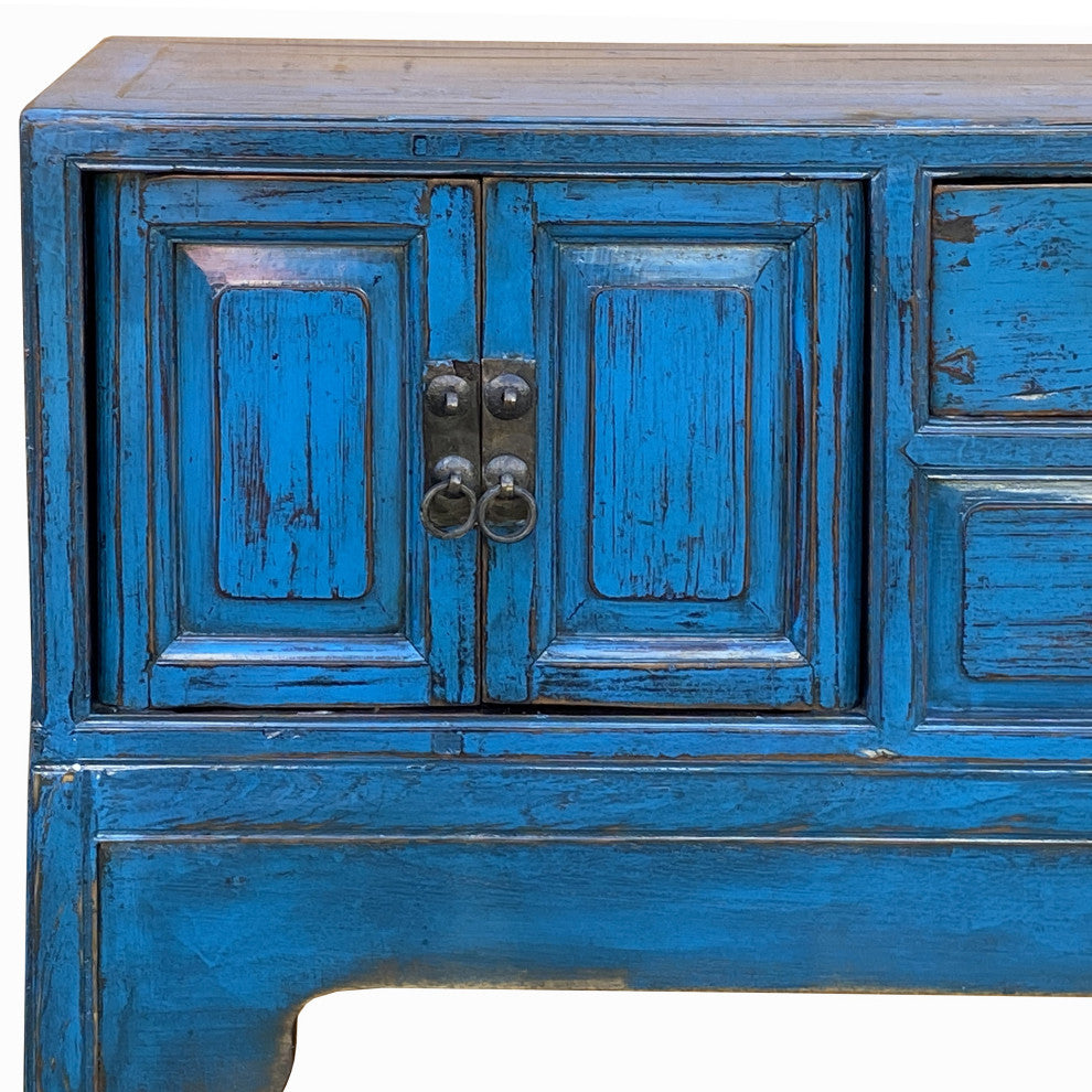 Vintage Chinese Distressed Bright Blue Drawers Foyer Narrow Side Table Hcs7743
