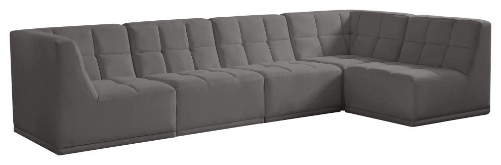 Relax Velvet Upholstered 5-Piece L-Shaped Modular Sectional, Grey