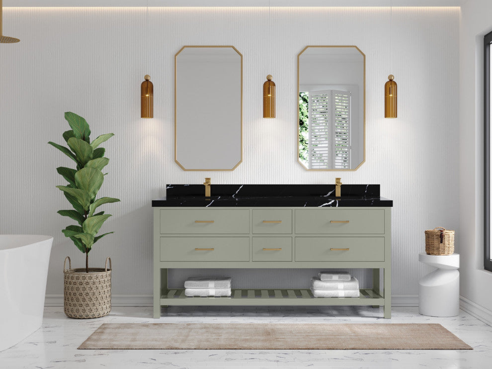 Parker 72" Double Sink Bath Vanity, Evergreen 2" Calacatta Black
