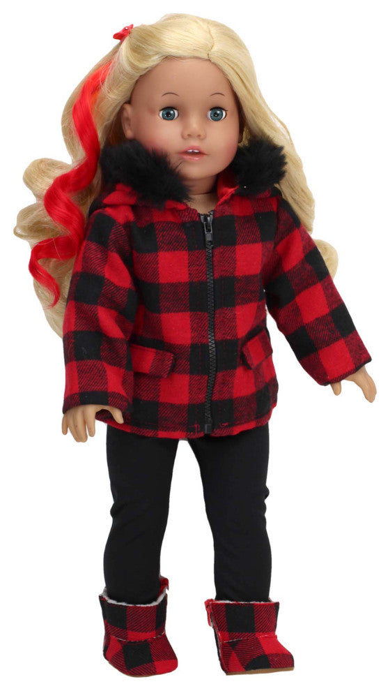 18" Doll Buffalo Check Fur Trimmed Coat Set
