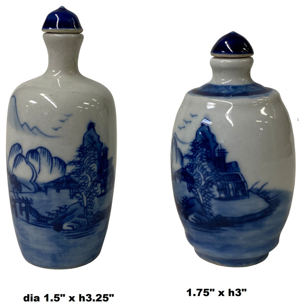 2 x Chinese Porcelain Snuff Bottle With Blue White Scenery Graphic Hws1326