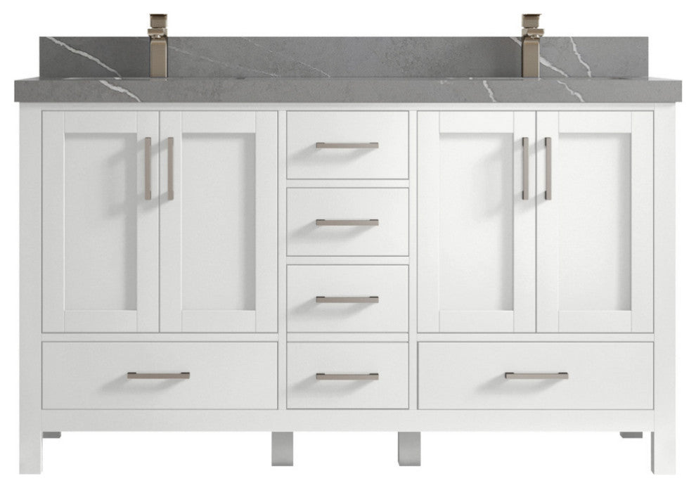 Malibu 60 Double Sink Bathroom Vanity in White  2" Piatra Gray