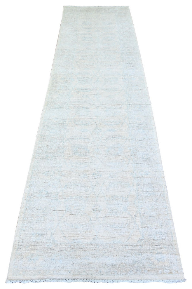 Daisy White Washed Out Peshawar Wool Hand Knotted Runner Rug  2'8"x10'8"
