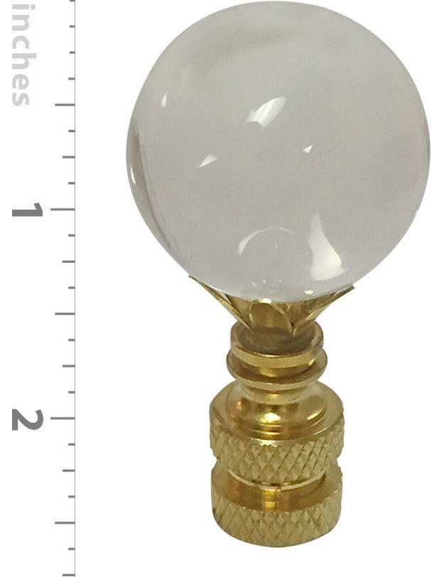 Large Clear Ball K9 Crystal Lamp Finial with Polished Brass Base, Set of 2