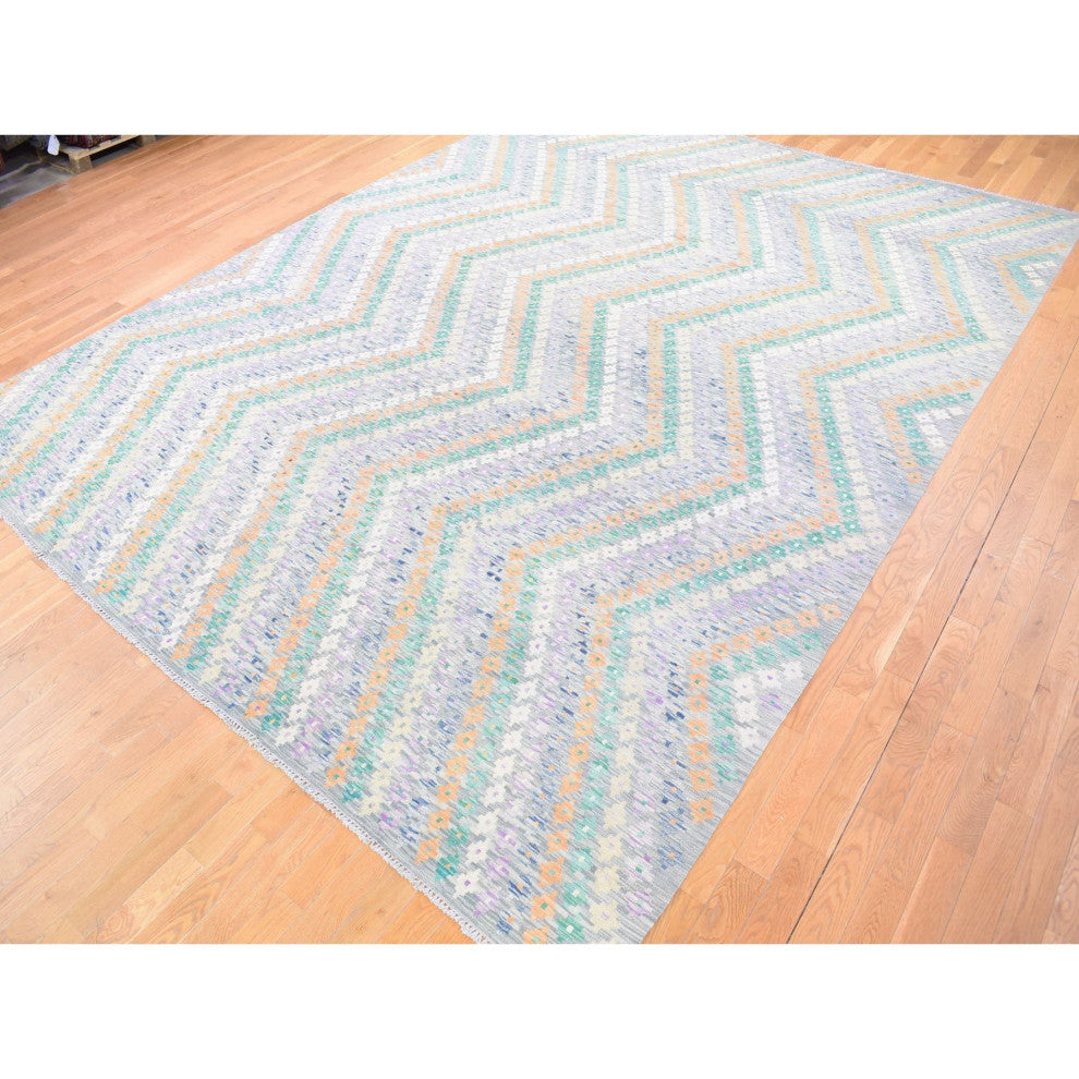 Gray Afghan Kilim with Geometric Design Pure Wool Hand Knotted Rug 10'3" x 13'5"