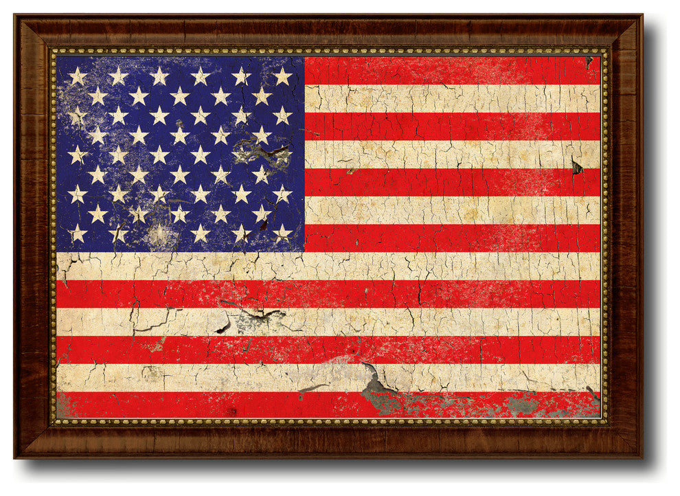 USA 50 Vintage Flag Print With Brown Gold Frame, 15"X21"