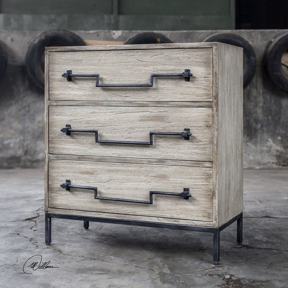 Distressed Cream Ivory Retro Accent Chest Mid Century Modern Geometric