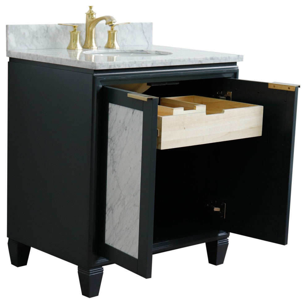 31" Single Sink Vanity, Dark Gray Finish With White Carrara Marble