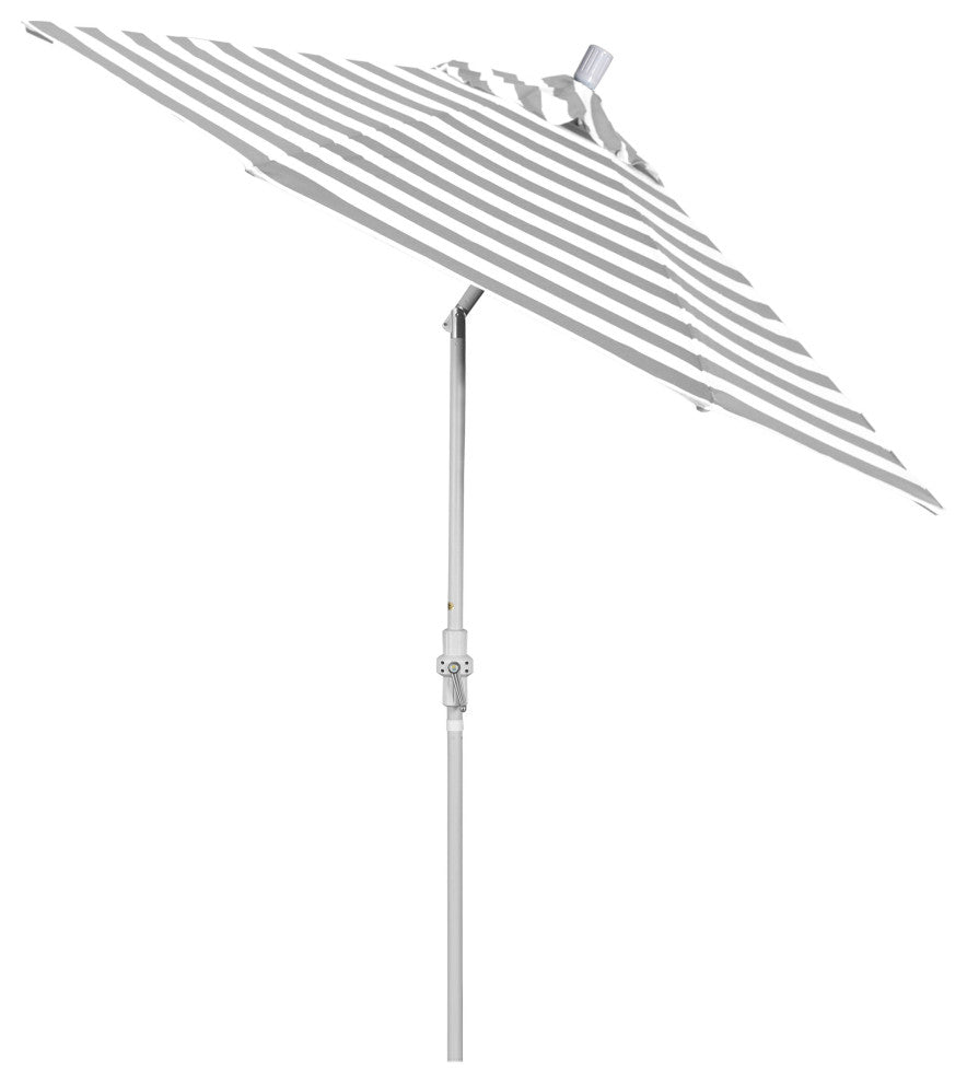 9' Matted White Collar Tilt Lift Fiberglass Rib Aluminum Umbrella, Olefin, Gray White Cabana Stripe
