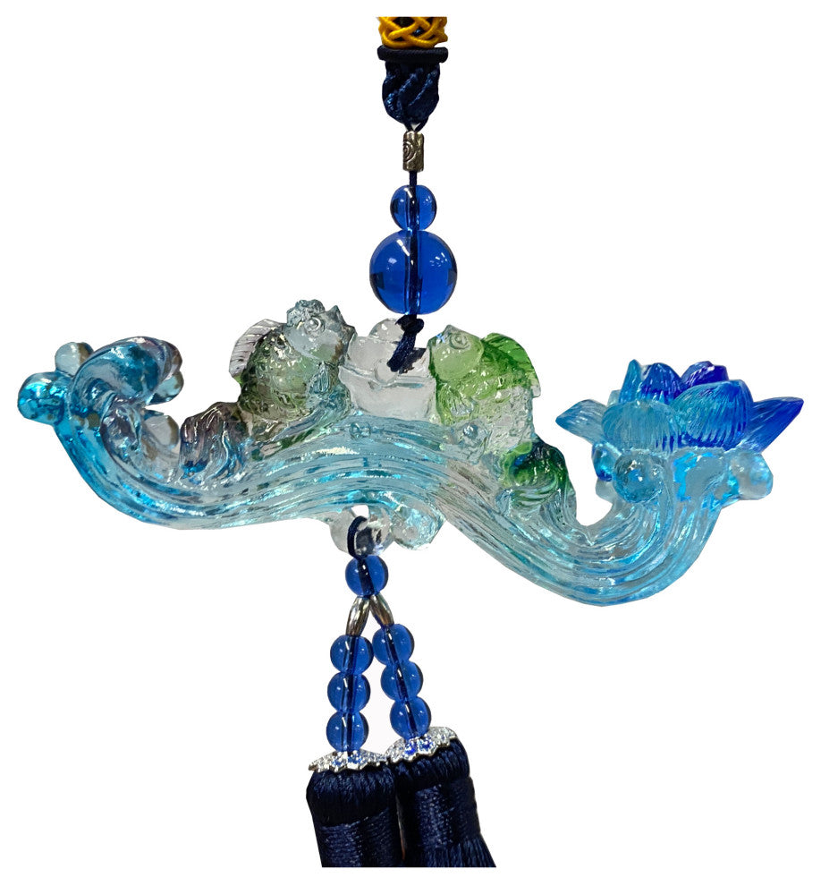 Crystal Glass Fengshui Fortune Blue Ru Yi Fishes Gift Decor Tassel, Hws2175