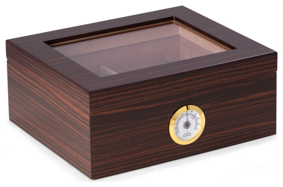 "Espresso" Wood Cigar Humidor, Spanish Cedar Lining and Glass See-Thru Lid