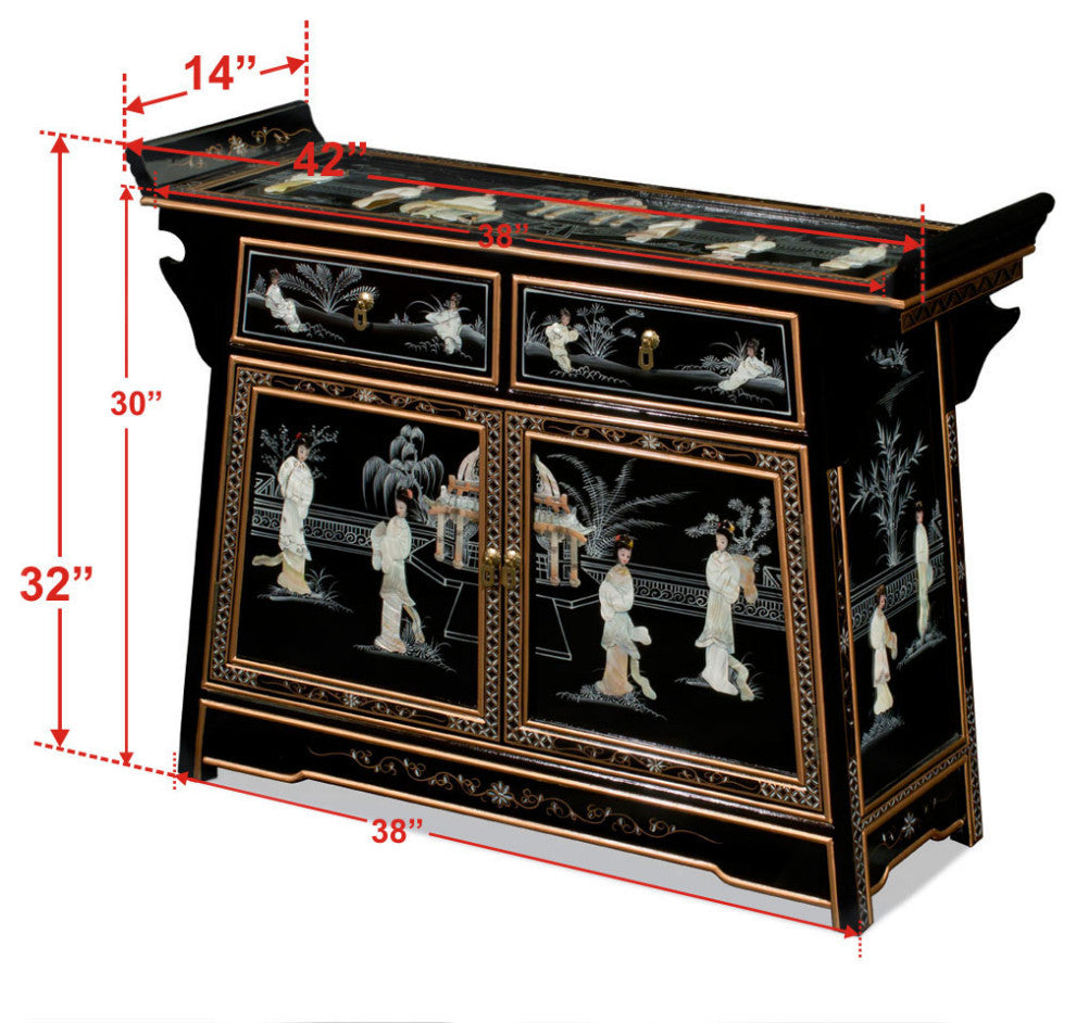 Black Lacquer Mother of Pearl Motif Oriental Altar Style Cabinet