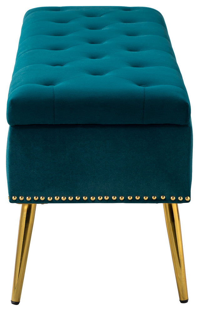 Button-tufted Storage Bench with Nailhead Trim, Teal