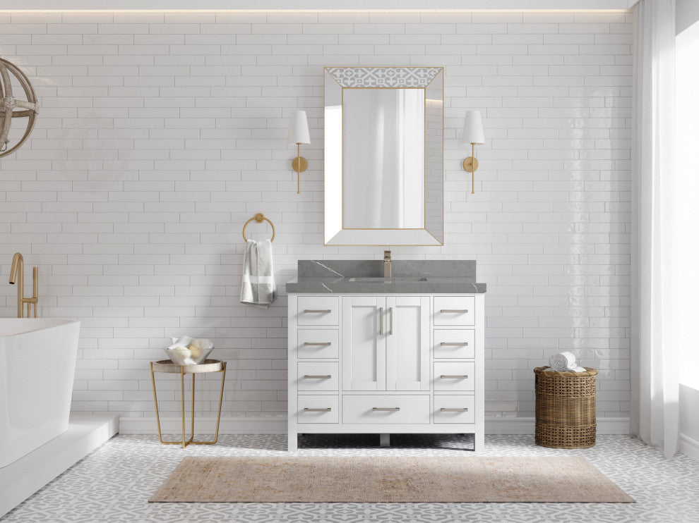 Malibu 42 Single Sink Bath Vanity in White  2" Piatra Gray