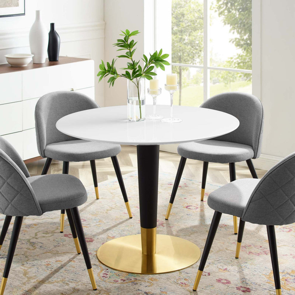 Dining Table, Round, Wood, Metal, Gold White, Modern, Cafe Bistro Restaurant