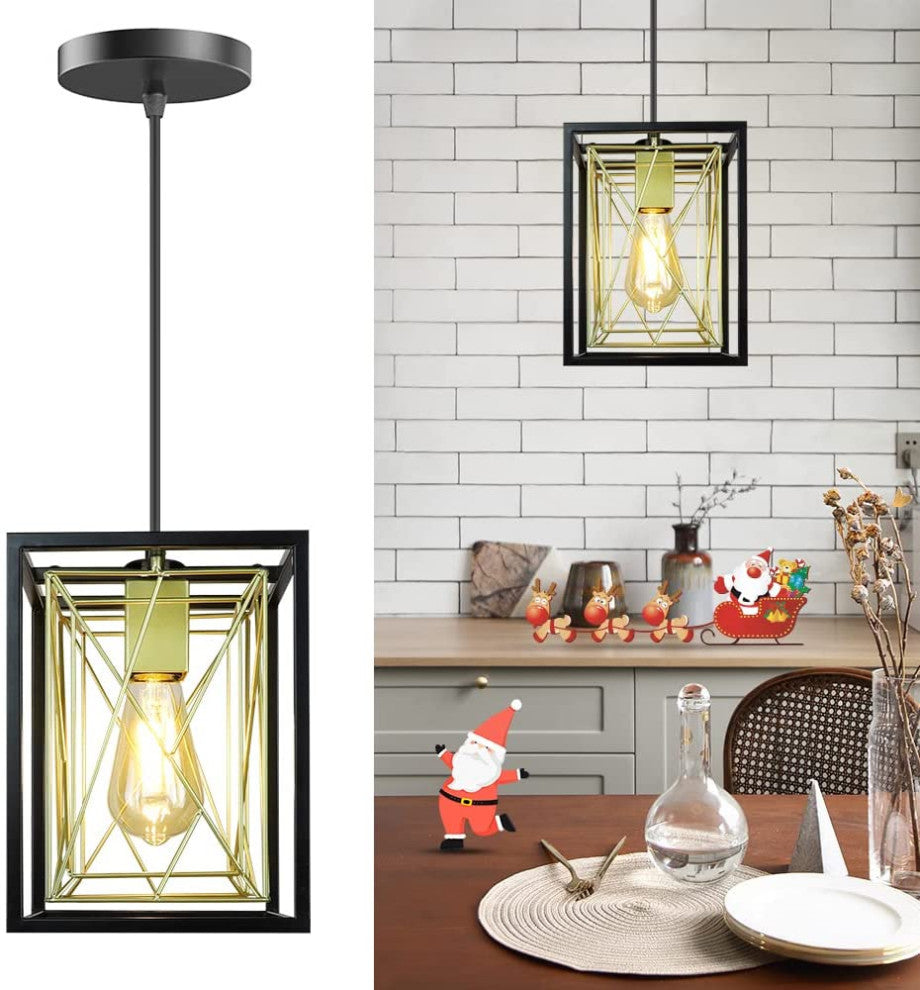 Adjustable Black and Gold Pendant Light Industral Cage Hanging Lighting