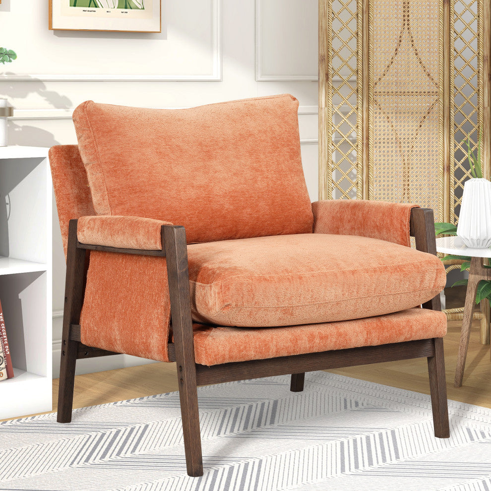 GDF Studio Mid-Century Modern Velvet Accent Chair, Rubber Wood Frame, Orange