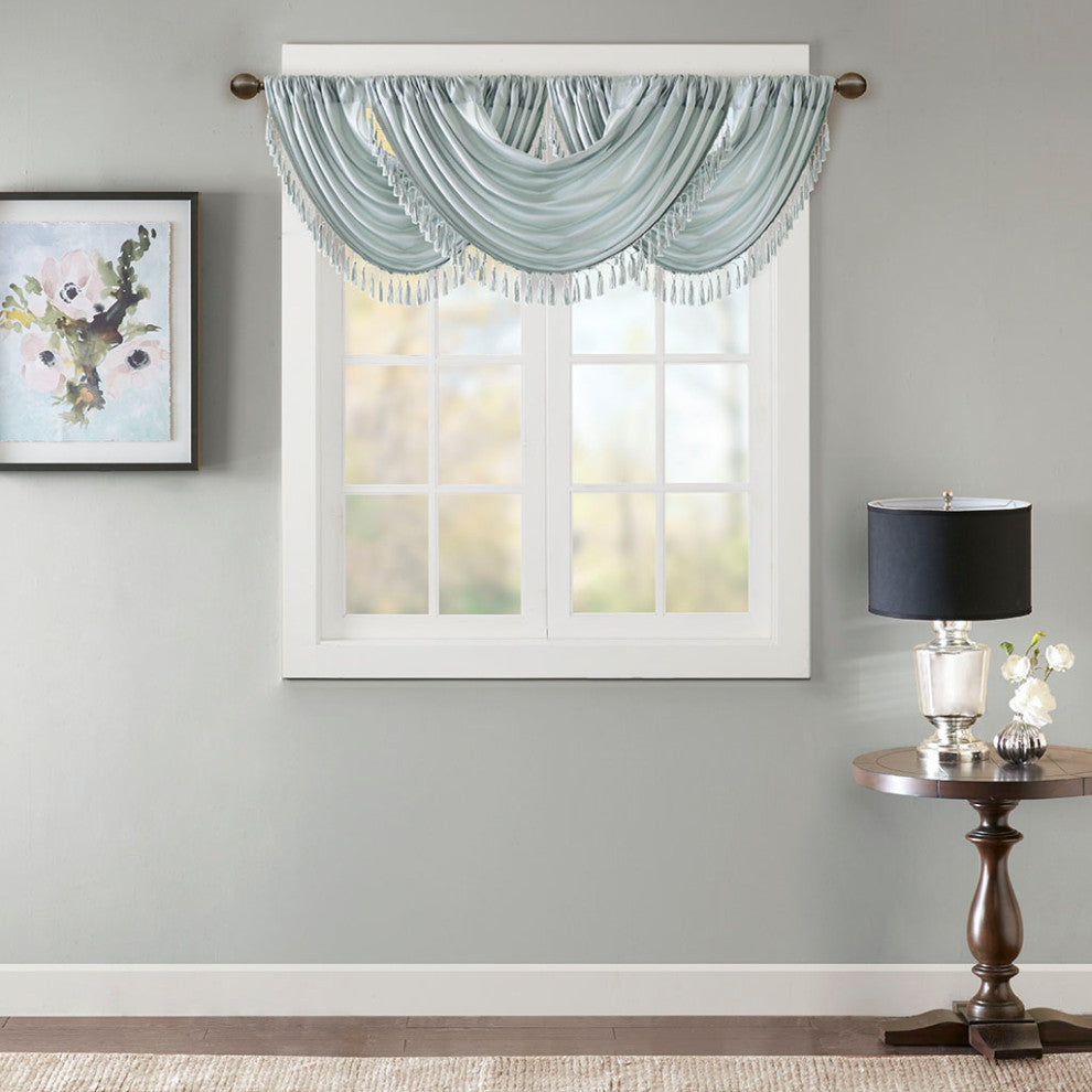 Madison Park Elena Silky Sheer Window Valance with Tassels, Bronze, Dusty Blue