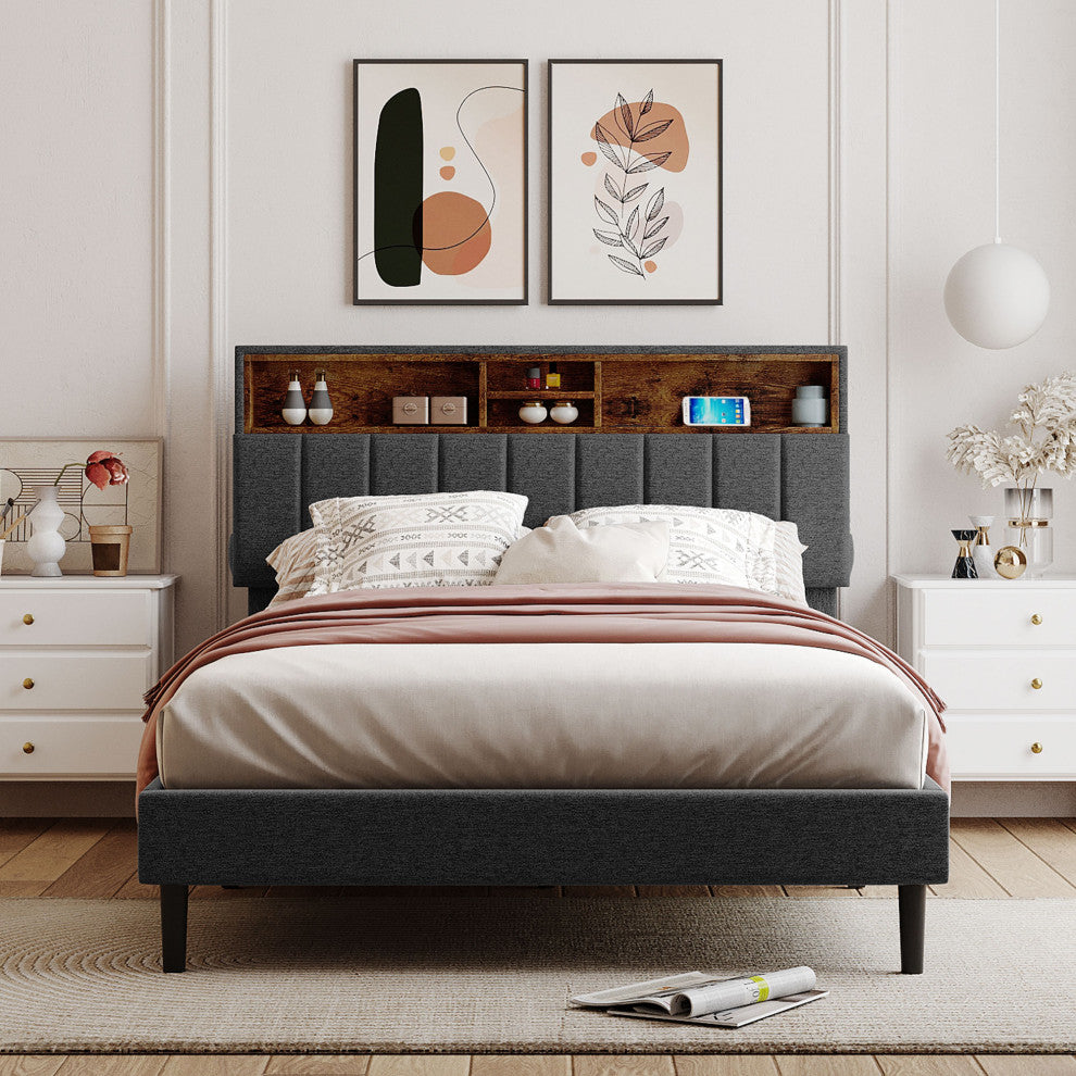 TATEUS Upholstered Platform Bed With Storage Headboard and USB Port, Gray, Full