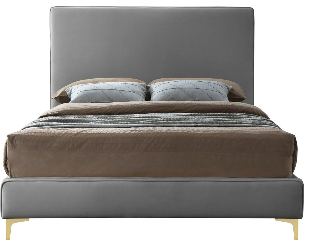 Geri Velvet Upholstered Bed, Gray, Queen