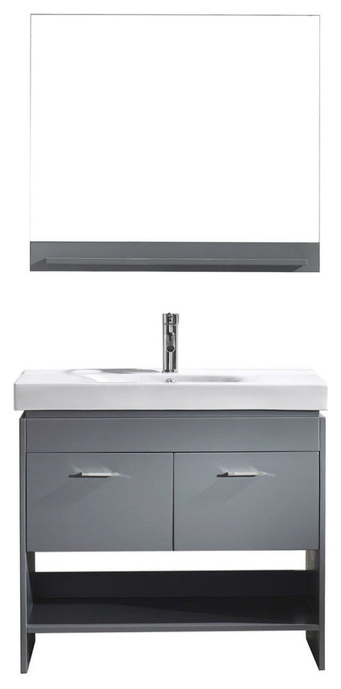 Virtu Gloria 36" Single Bathroom Vanity, Gray, Brushed Nickel Faucet, Mirror