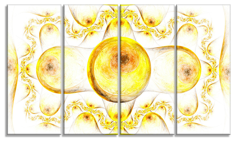 Yellow Exotic Pattern on White, Abstract Art on Canvas, 48"x28", 4 Panels