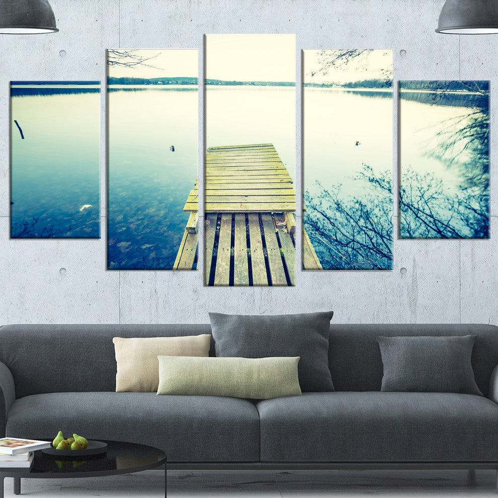 Sunset Over Tranquil Lake, Bridge Canvas Art Print, 60"x32", 5 Panels