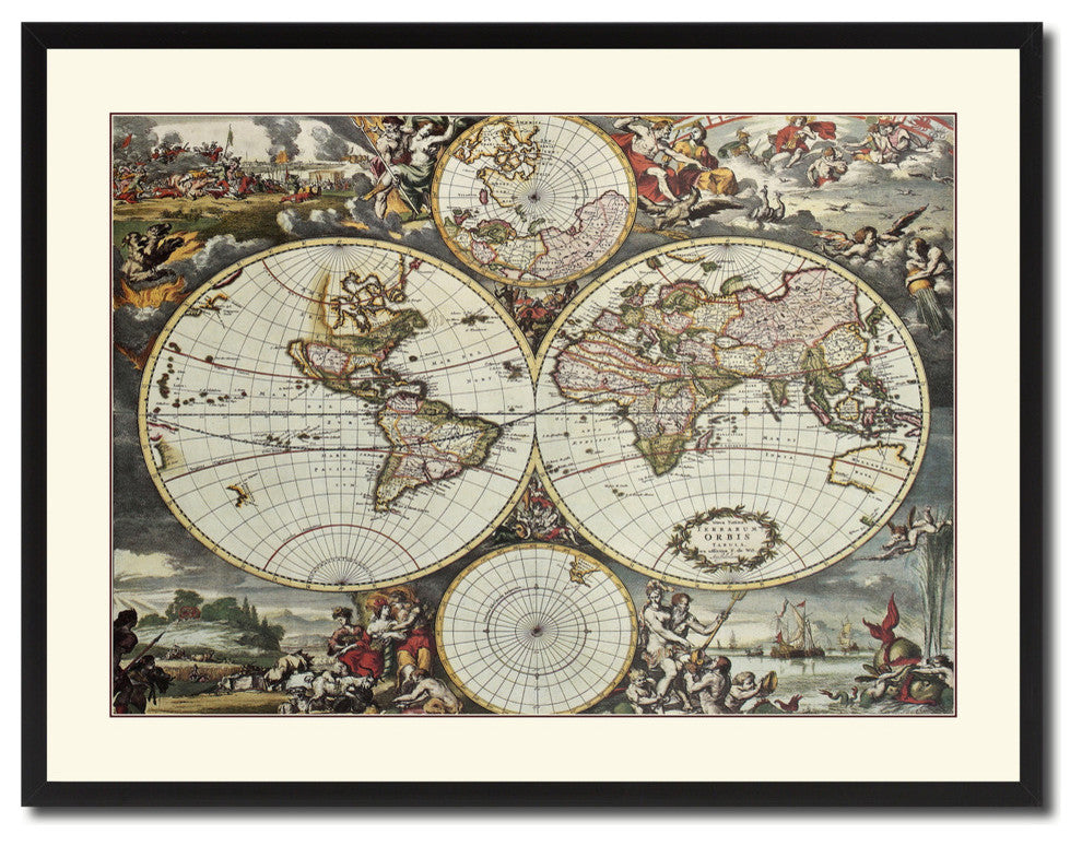 World Hemispheres Vintage Map Print On Canvas With Picture Frame 28" X 37"