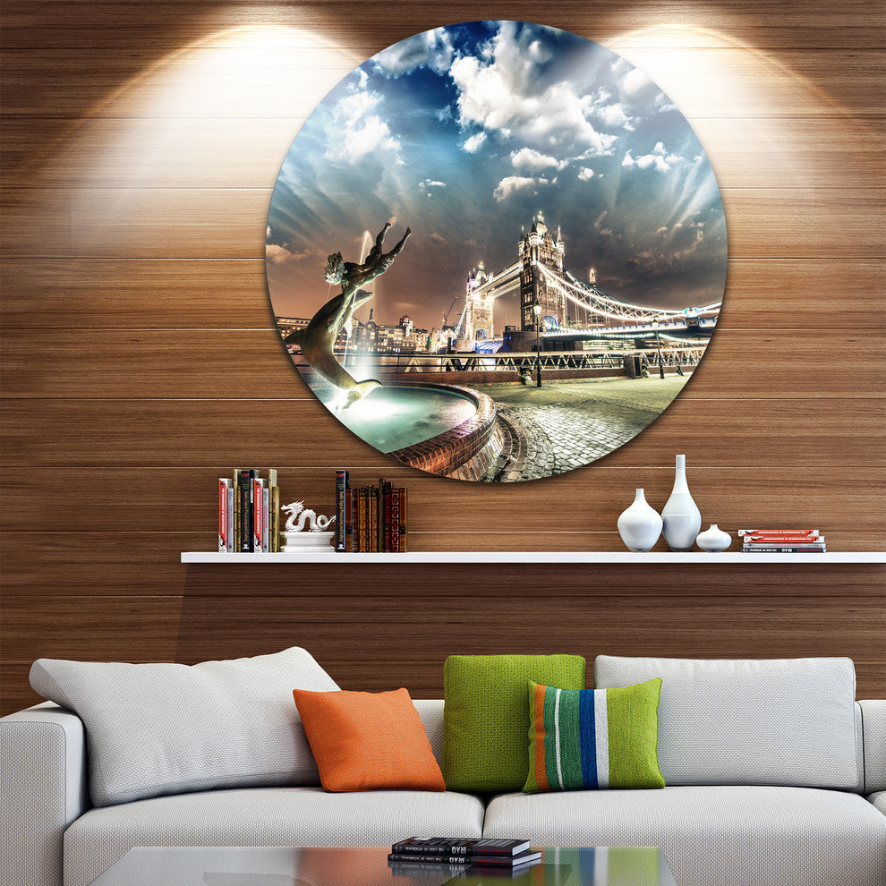 Tower Bridge At Night, Landscape Photography Round Wall Art, 23"