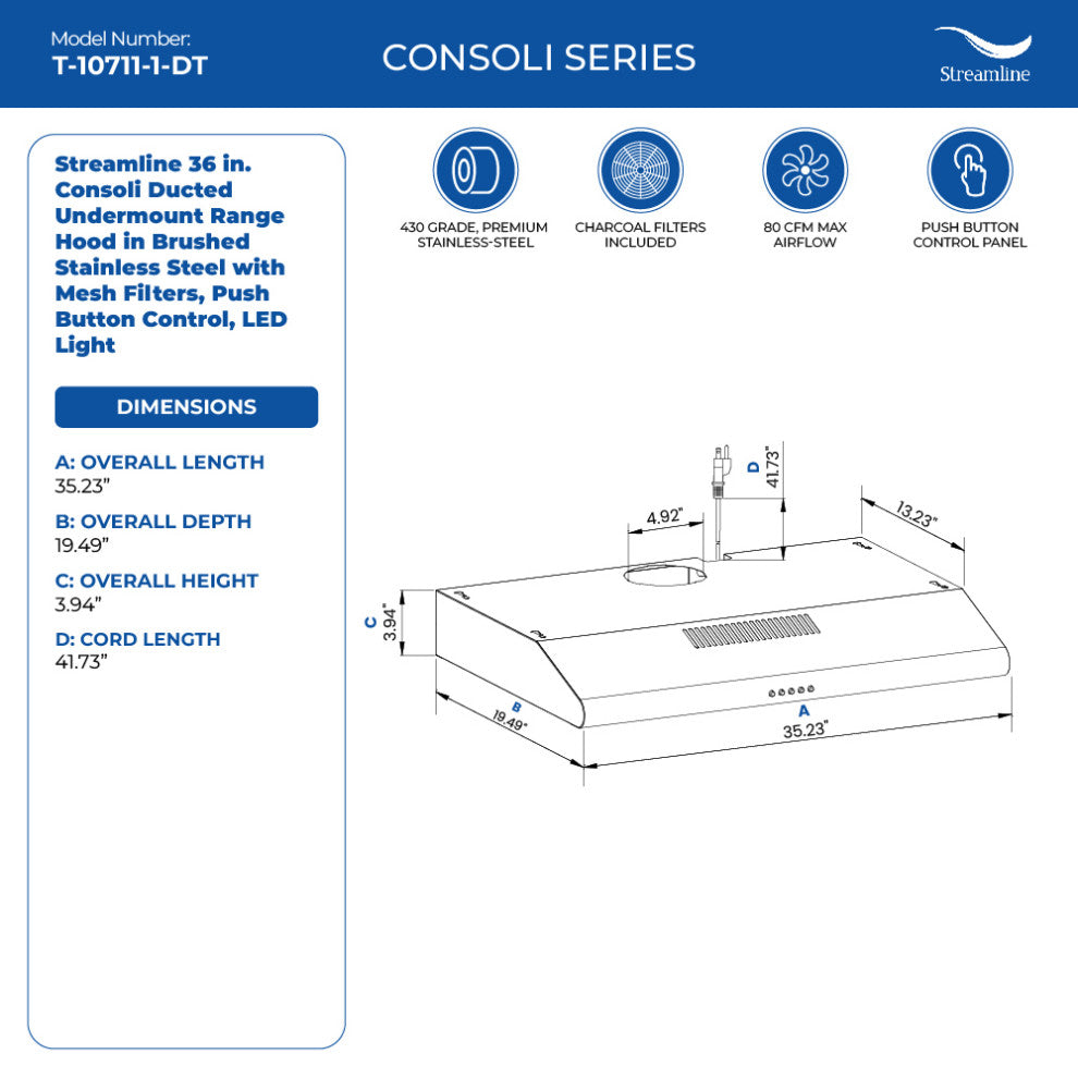 Streamline 36" Consoli Ducted Undermount Range Hood, Stainless Steel