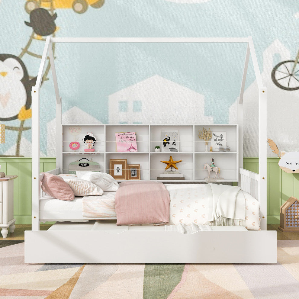Gewnee Wood Full Size House Bed with Trundle for Kids in White
