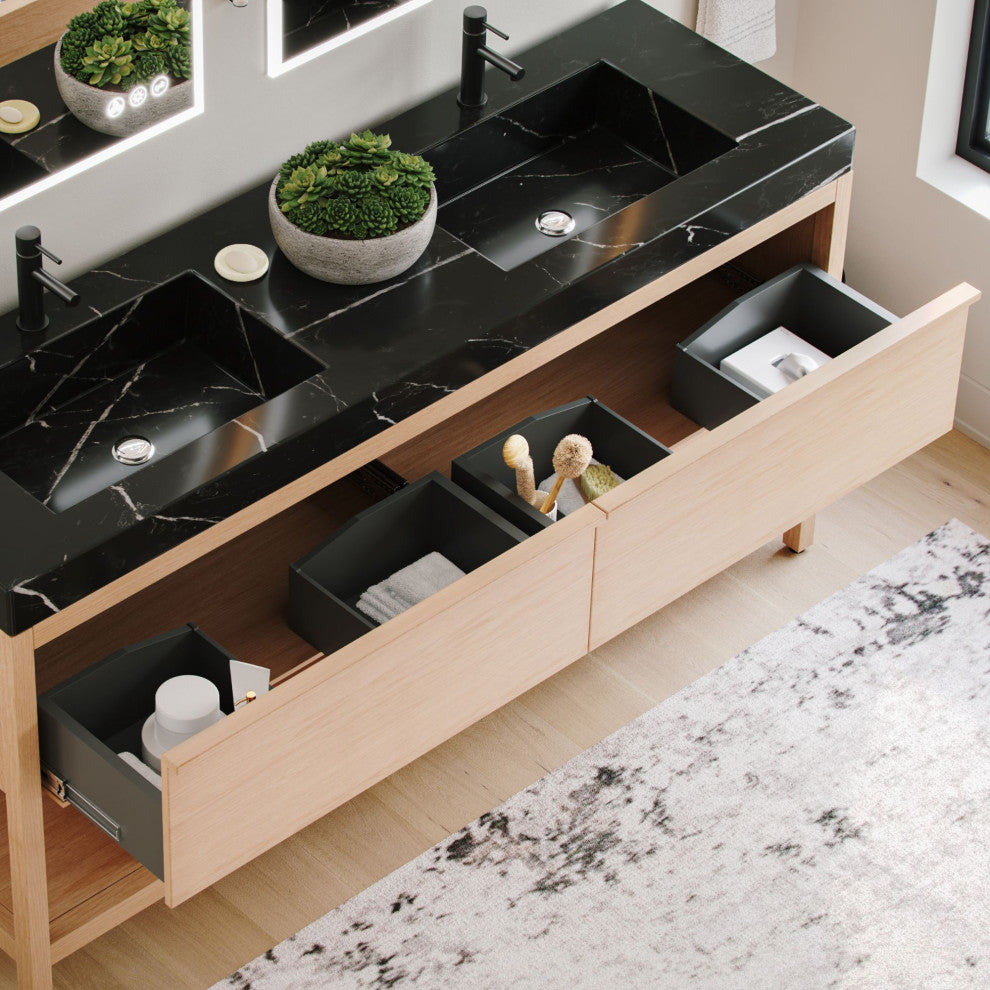 Shoji Bath Vanity, Whitewash Oak, 72", Double Sink, Freestanding