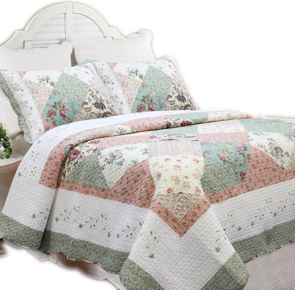 Grace Celadon Real Patchwork Cotton Quilt Set, Full/Queen Set