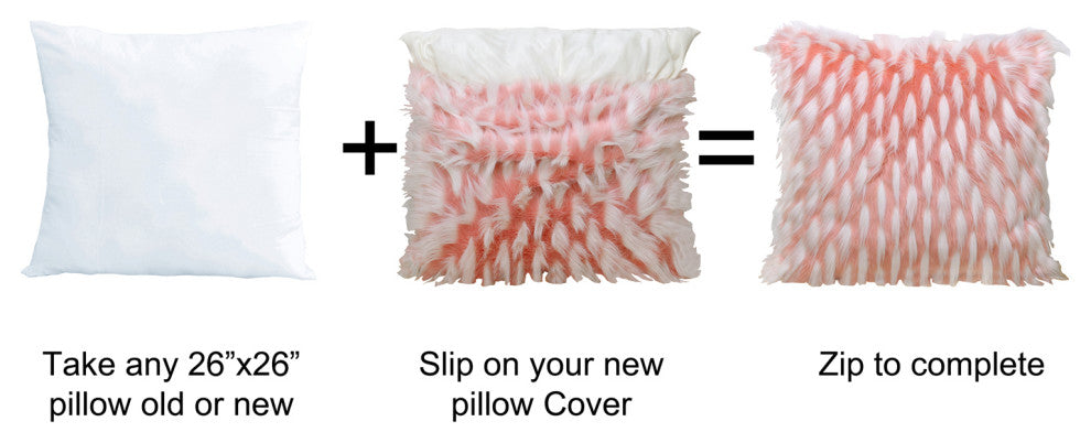 Feathery Faux Fur Pillow Cover 2 Piece Set, Pink, 26" X 26"