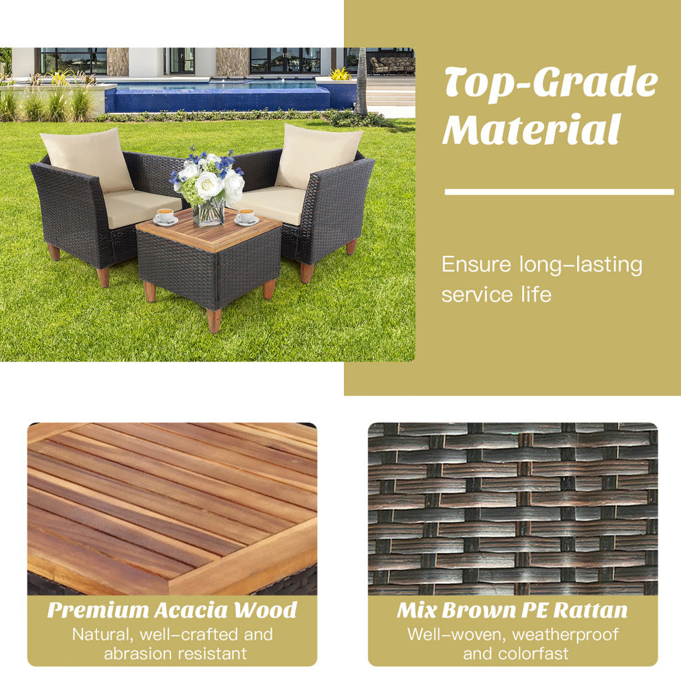 Costway 3 PCS Outdoor Patio Rattan Bistro Furniture Set Cushioned Sofa