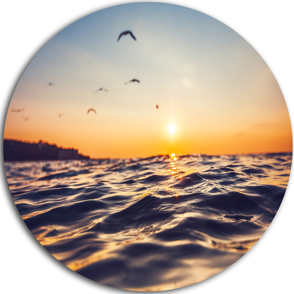 Orange Tinged Sea Waters At Sunrise, Beach Disc Metal Wall Art, 23"
