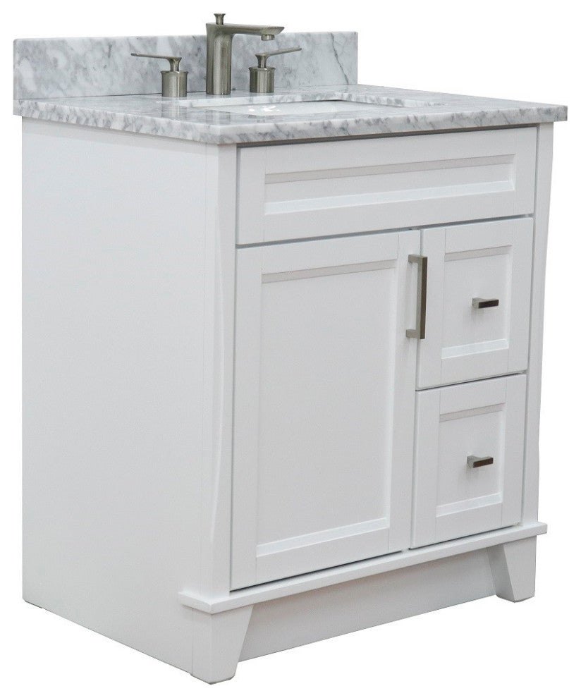 31" Single Sink Vanity, White Finish With White Carrara Marble
