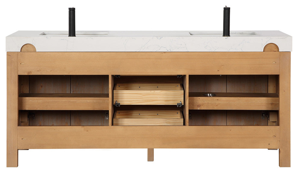 Leon Bath Vanity With Composite Stone Top, Fir Wood Brown, 72", With Mirror