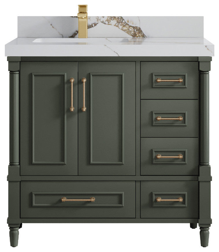 Aberdeen 36 Left Offset Bath Vanity in Pewter Green 2" Calacatta Gold