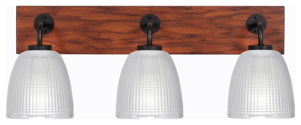 Oxbridge 3-Light Bath Bar, Matte Black & Painted Wood-look Metal/Clear Ribbed