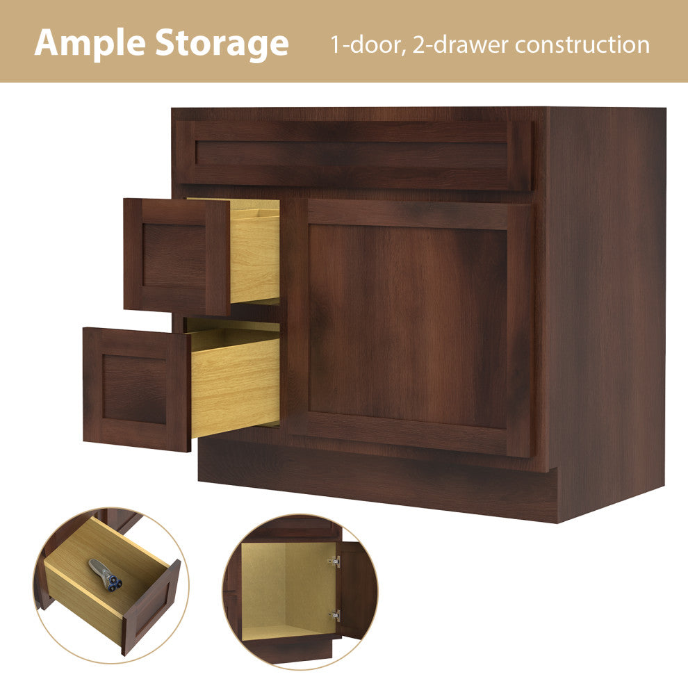 Vanity Art Vanity Base Cabinet, No Top, Drawers on Left, 36", Brown