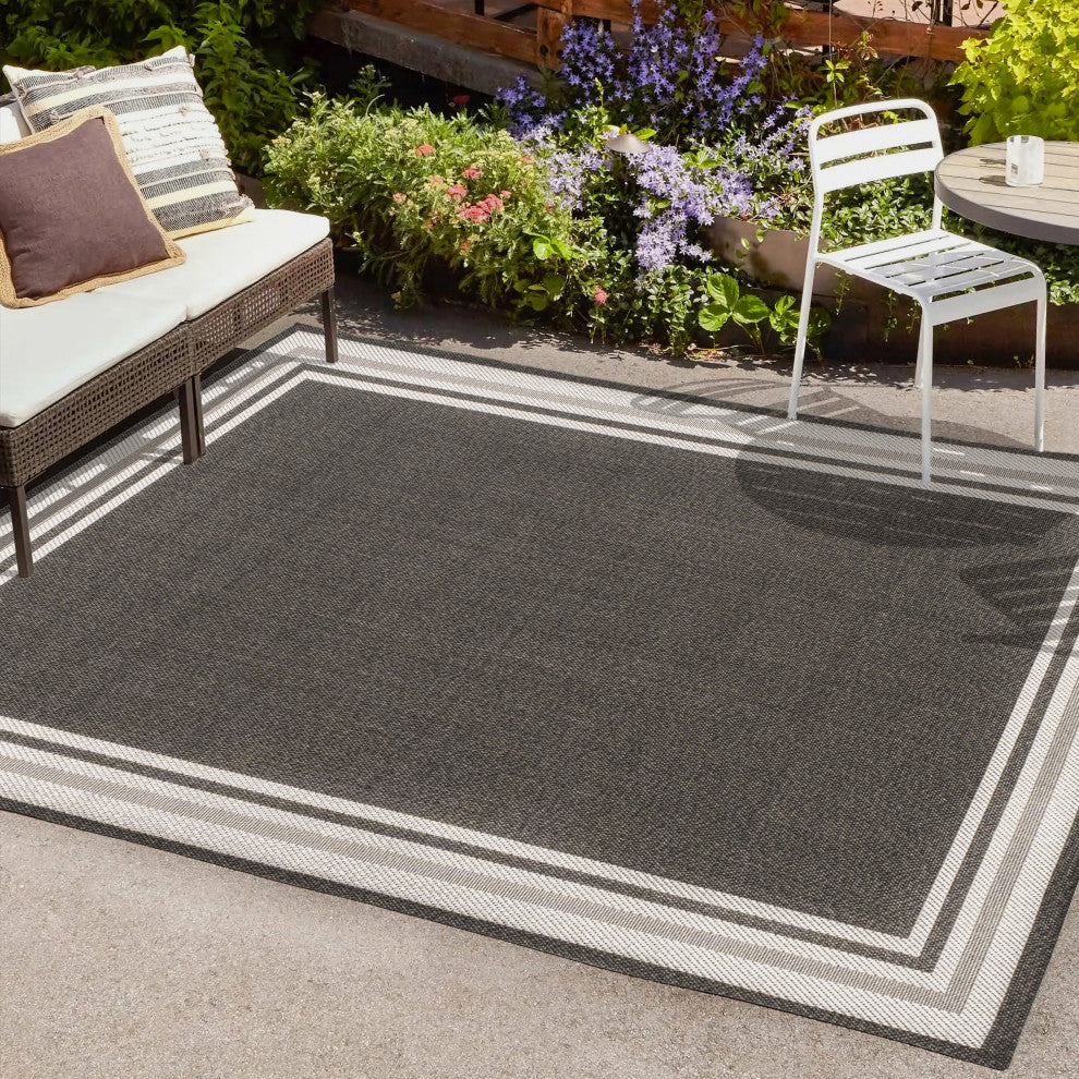 James Modern Border Stripe Indoor/Outdoor Area Rug, Black/Cream, 3x5