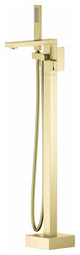 Cube Single Handle Floor Mount Tub Filler With Hand Shower, Brushed Gold