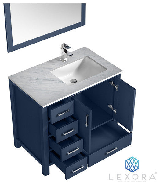Jacques 36" Vanity, Wht Carrara Marble Top w/ 34" Mirror, Navy Blue, Right