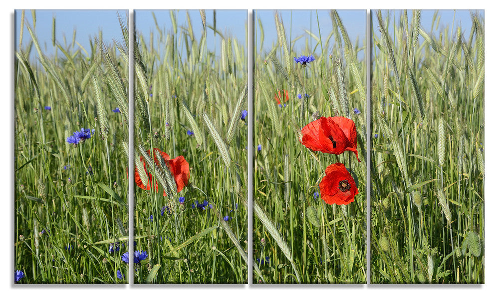 Rural Landscape with Red Poppies, Large Landscape Canvas Art, 48"x28", 4 Panels