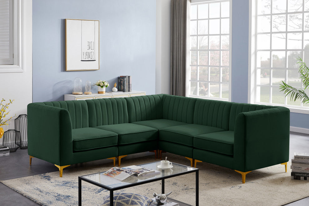 Alina Velvet Modular L-Shaped Modular Sectional, Green, 5-Piece: 2 Armless Chair, 3 Corner Chair