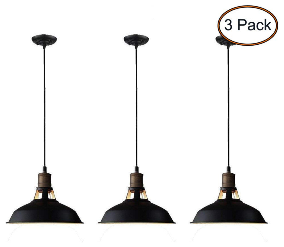 Florence Black Barn Pendant Light Loft Fixture, 12.2", 3-Pack