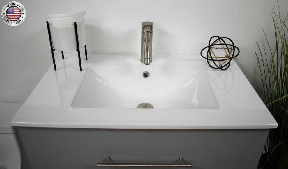 Napa 30" Modern Floating Bathroom Vanity With Ceramic Top and Round Handles, Gray